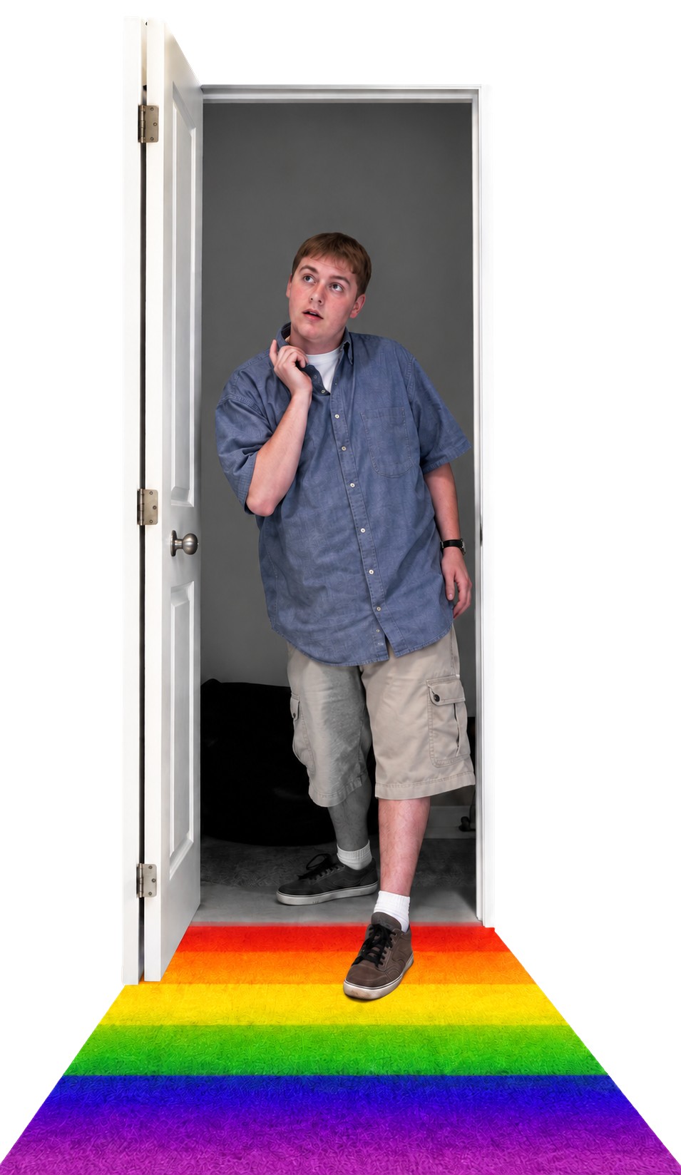Ben Jenkins, 1998, stepping out of a closet onto a rainbow carpet
