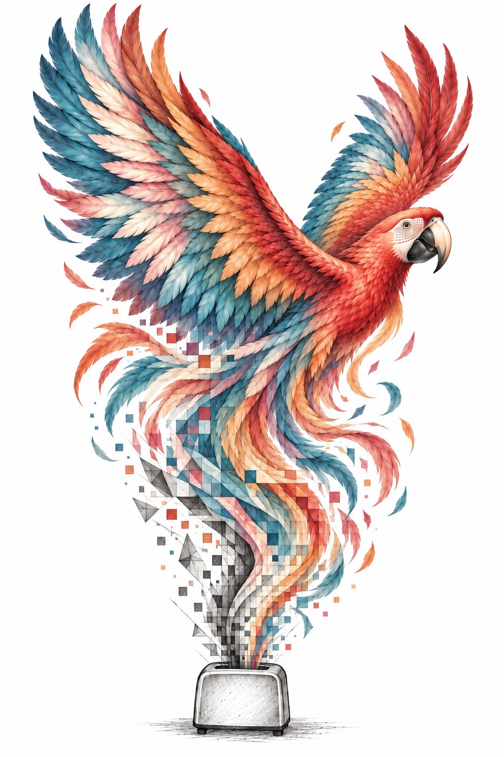 A red, blue and pink macaw rising out of a pencil-drawn toaster